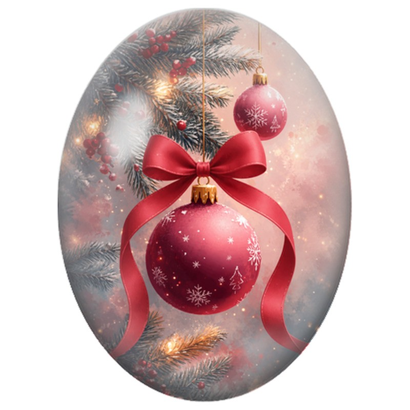 Cabochon en Verre Illustré Boule Rose aux Flocons et au Nœud Rouge 13x18, 18x25 ou 30x40mm