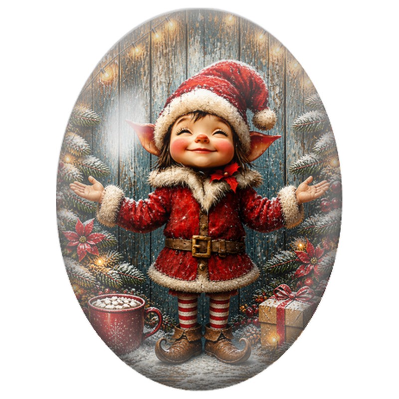 Cabochon en Verre Illustré Petit Elfe de Noël au Chocolat Chaud 13x18, 18x25 ou 30x40mm