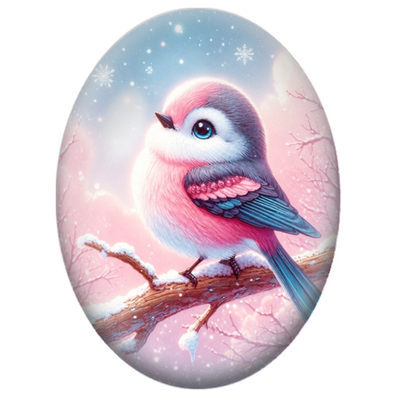 Cabochon en Verre Illustré Petit Oiseau Rose et Bleu sur une Branche Neigeuse 13x18, 18x25 ou 30x40mm