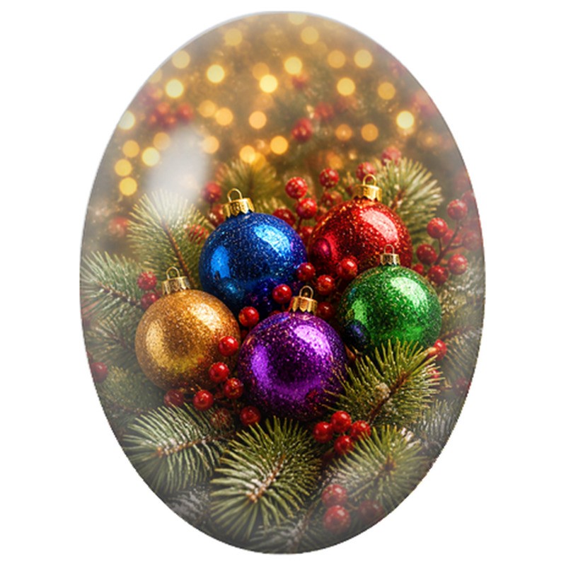 Cabochon en Verre Illustré Boules de Noël Multicolores parmi les Baies 13x18, 18x25 ou 30x40mm