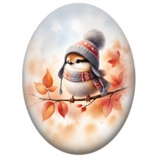 Cabochon en Verre Illustré Oiseau au Bonnet Rouge parmi les Feuilles d’Automne 13x18, 18x25 ou 30x40mm pour la Création de Bijou