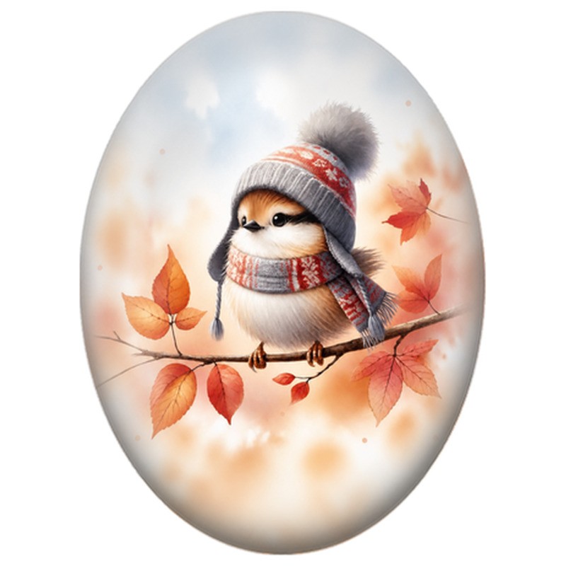 Cabochon en Verre Illustré Oiseau au Bonnet Rouge parmi les Feuilles d’Automne 13x18, 18x25 ou 30x40mm