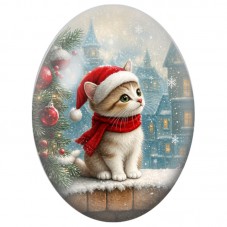 Cabochon en Verre Illustré Chaton au Foulard Rouge sur un Toit Neigeux 13x18, 18x25 ou 30x40mm pour la Création de Bijoux Fantai
