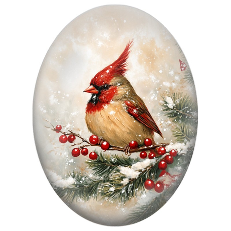Cabochon en Verre Illustré Cardinal parmi les Baies et les Sapins 13x18, 18x25 ou 30x40mm