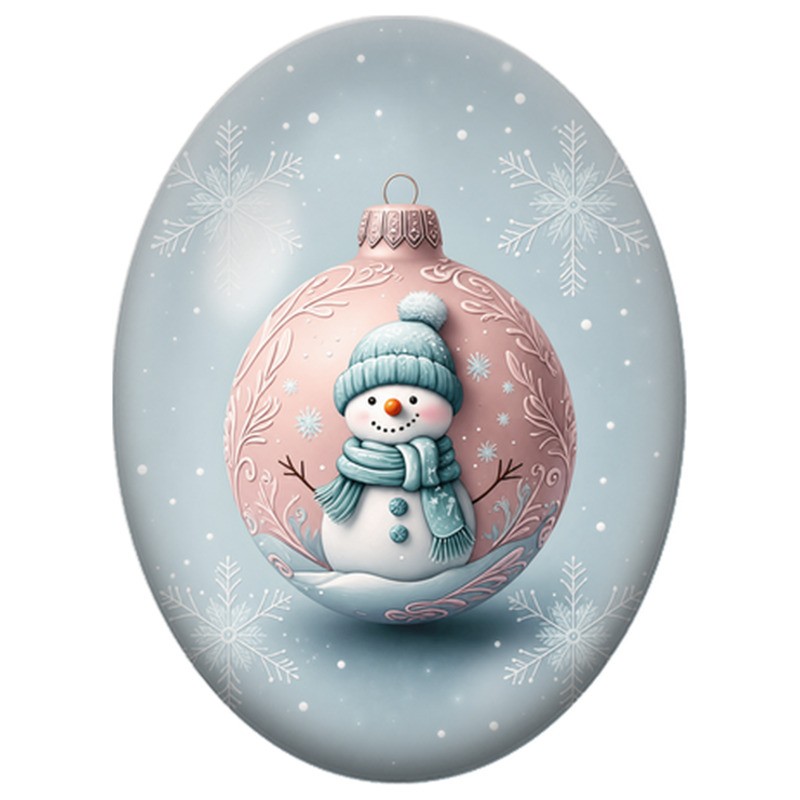 Cabochon en Verre Illustré Bonhomme de Neige dans une Boule Rose 13x18, 18x25 ou 30x40mm