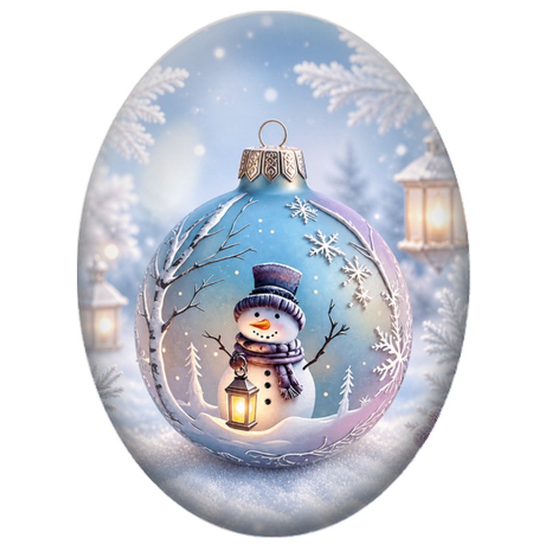 Cabochon en Verre Illustré Bonhomme de Neige dans une Boule et une Lanterne 13x18, 18x25 ou 30x40mm