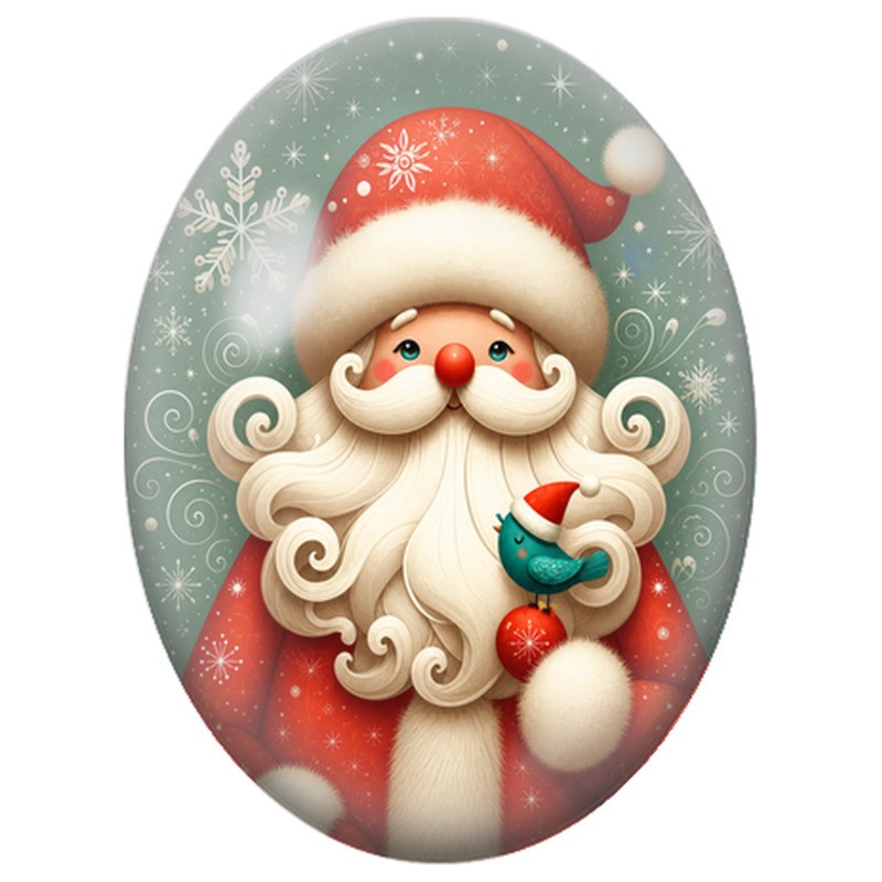 Cabochon en Verre Illustré Père Noël et Oiseau au Manteau Rouge 13x18, 18x25 ou 30x40mm