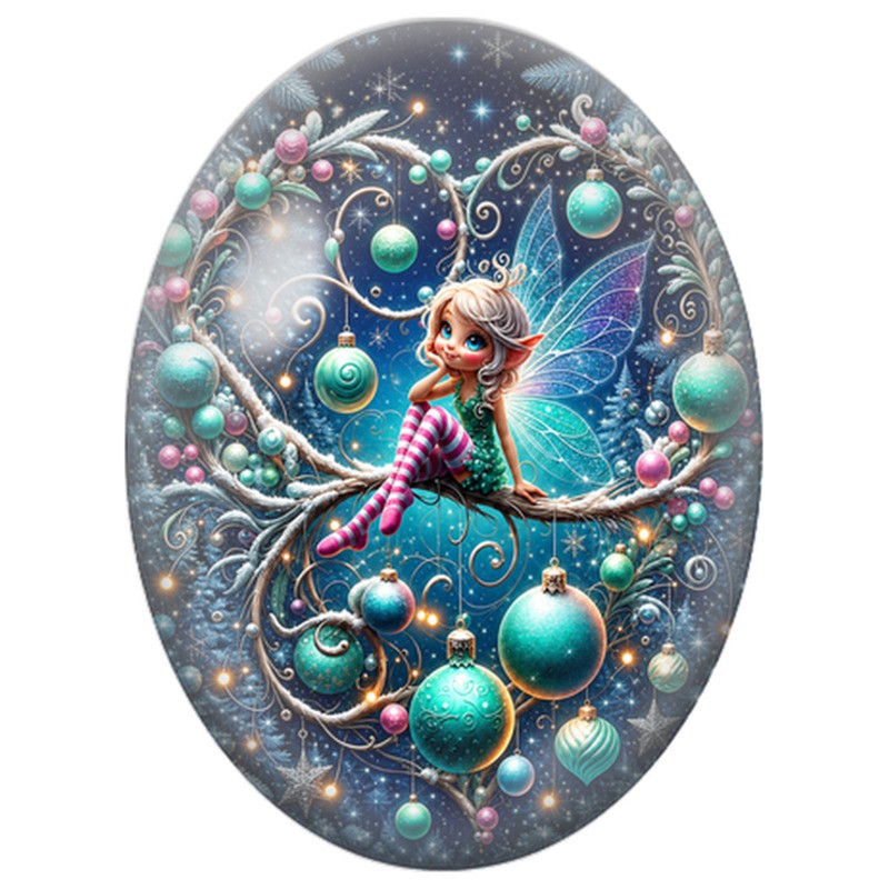 Cabochon en Verre Illustré Fée Bleue Assise sur une Boule Turquoise 13x18, 18x25 ou 30x40mm