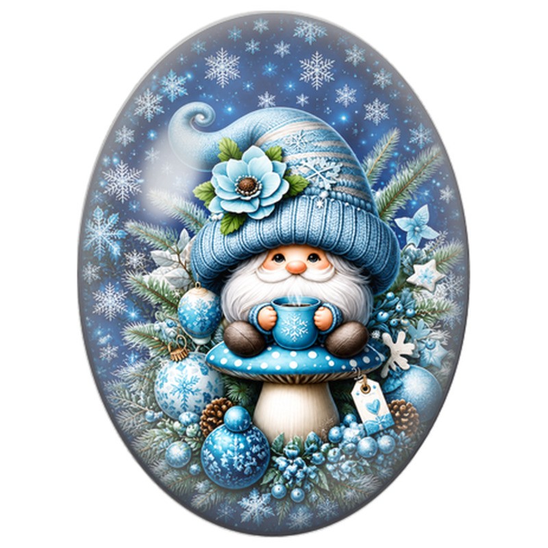 Cabochon en Verre Illustré Gnome Bleu dans une Tasse sur un Champignon 13x18, 18x25 ou 30x40mm