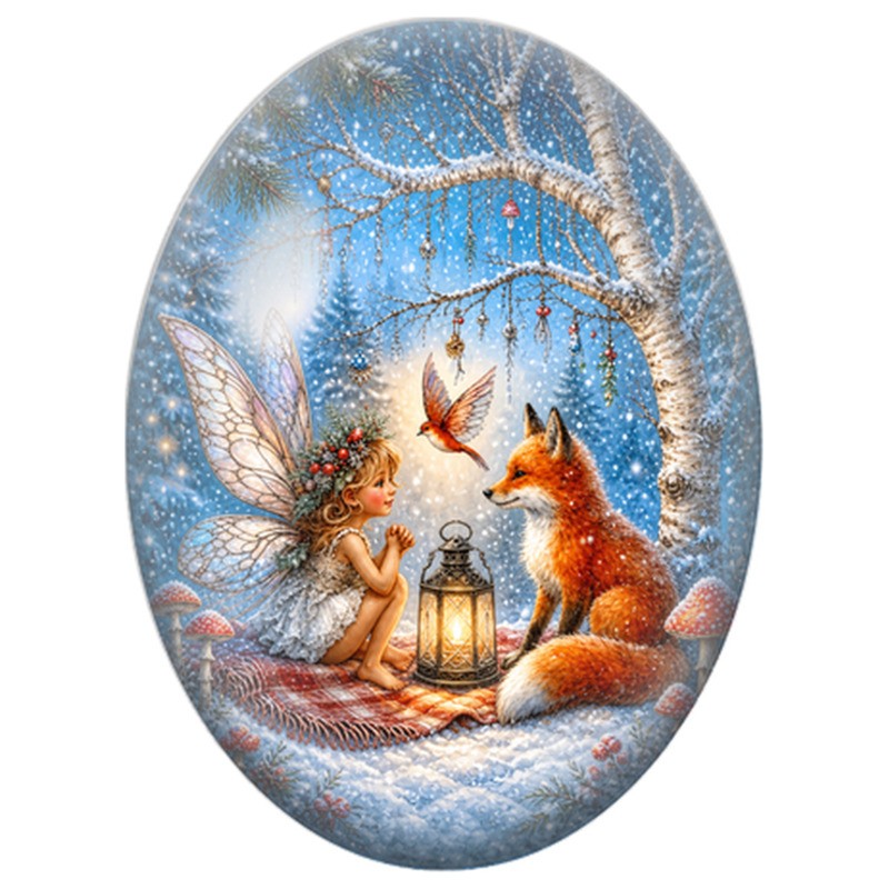Cabochon en Verre Illustré Fée et Renard près d’une Lanterne 13x18, 18x25 ou 30x40mm