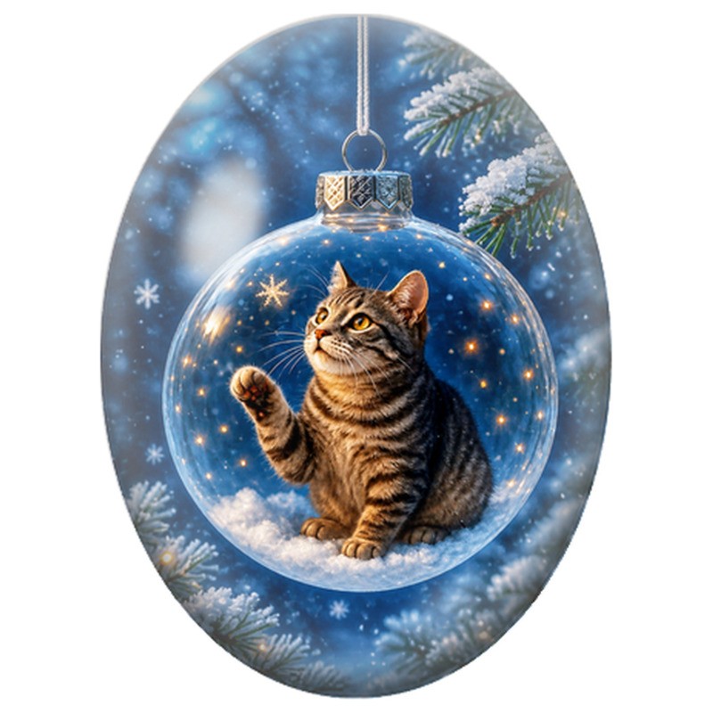 Cabochon en Verre Illustré Chat dans une Boule de Noël 13x18, 18x25 ou 30x40mm