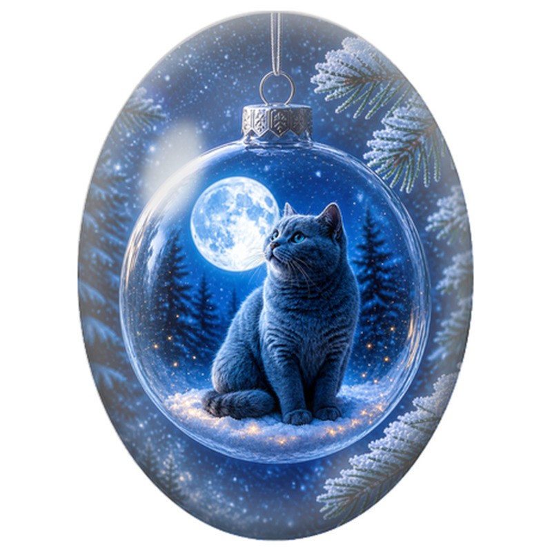 Cabochon en Verre Illustré Chat dans une Boule au Clair de Lune 13x18, 18x25 ou 30x40mm