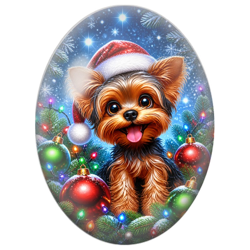 Cabochon en Verre Illustré Petit Chien au Bonnet Rouge parmi les Boules 13x18, 18x25 ou 30x40mm