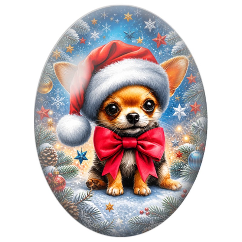Cabochon en Verre Illustré Petit Chien au Nœud Rouge 13x18, 18x25 ou 30x40mm