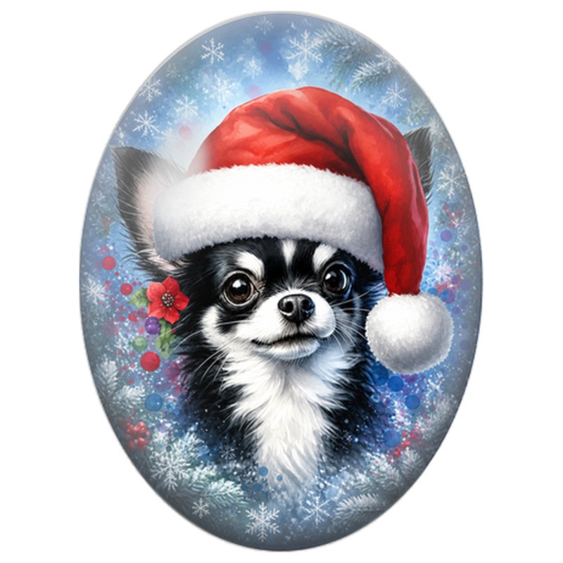 Cabochon en Verre Illustré Chihuahua au Bonnet de Noël 13x18, 18x25 ou 30x40mm