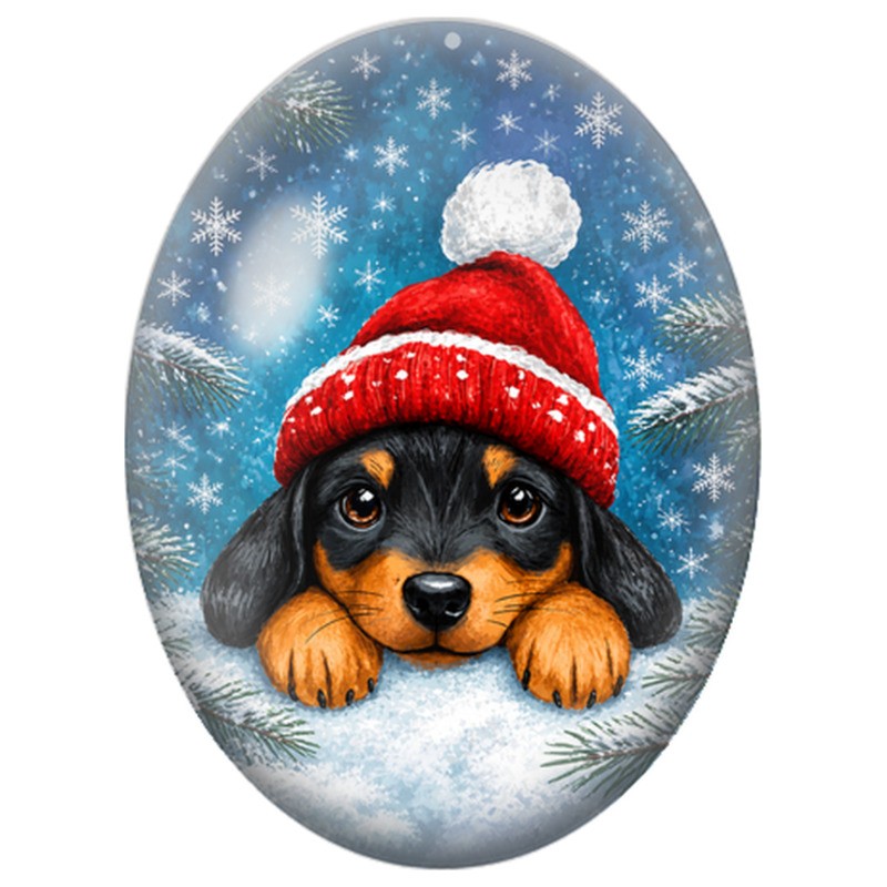 Cabochon en Verre Illustré Chiot au Bonnet Rouge dans la Neige 13x18, 18x25 ou 30x40mm