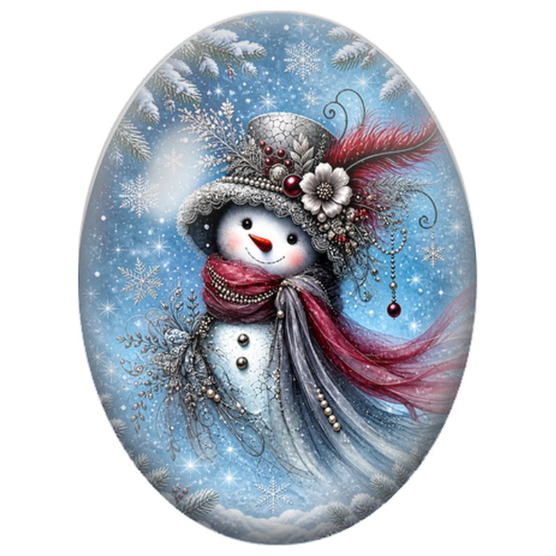 Cabochon en Verre Illustré Bonhomme de Neige au Foulard Rouge 13x18, 18x25 ou 30x40mm