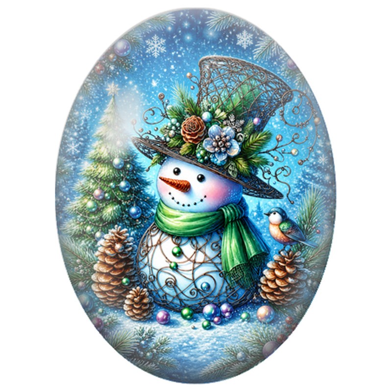 Cabochon en Verre Illustré Bonhomme de Neige parmi les Cadeaux 13x18, 18x25 ou 30x40mm