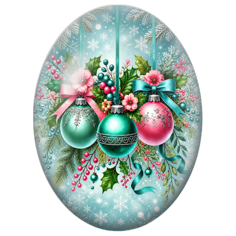 Cabochon en Verre Illustré Boules Turquoise et Roses dans un Bouquet de Noël 13x18, 18x25 ou 30x40mm