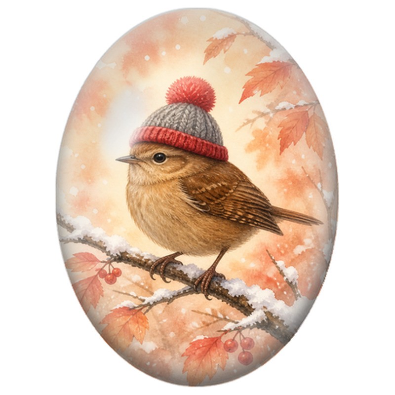 Cabochon en Verre Illustré Oiseau au Bonnet Gris parmi les Feuilles d’Automne 13x18, 18x25 ou 30x40mm