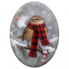 Cabochon en Verre Illustré Oiseau au Foulard Rouge dans un Paysage Hivernal 13x18, 18x25 ou 30x40mm pour la Création de Bijoux F