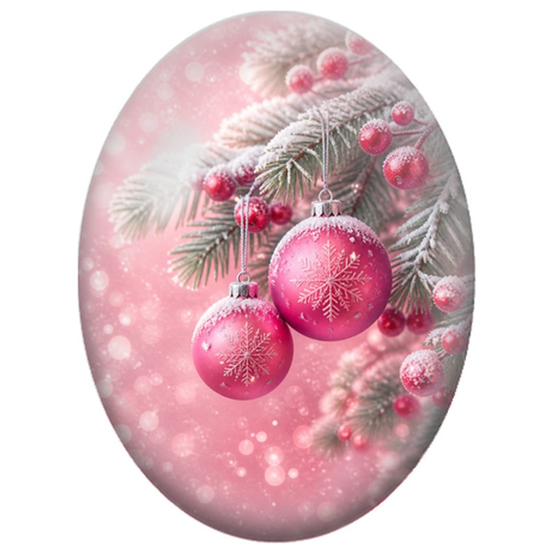 Cabochon en Verre Illustré Boules Roses parmi les Branches Givrées 13x18, 18x25 ou 30x40mm