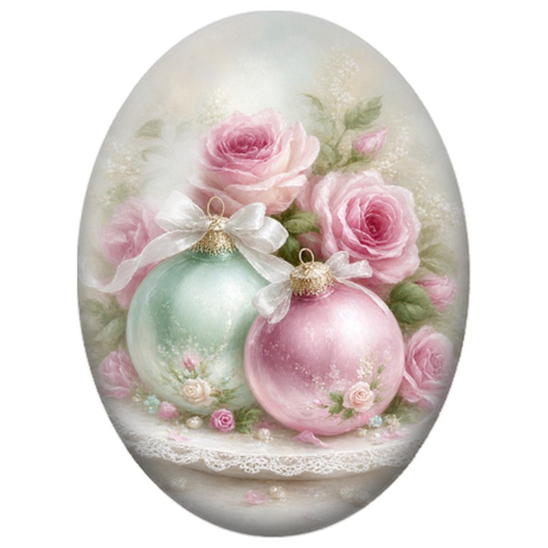 Cabochon en Verre Illustré Boules Pastel dans un Bouquet de Roses 13x18, 18x25 ou 30x40mm