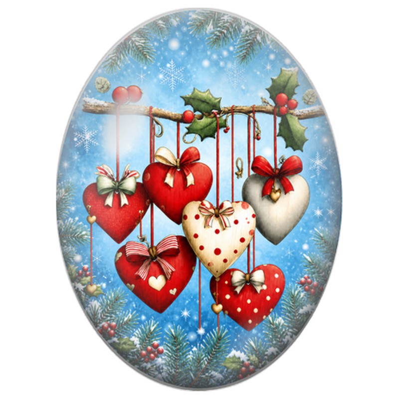 Cabochon en Verre Illustré Cœurs Rouges Suspendus dans le Sapin 13x18, 18x25 ou 30x40mm