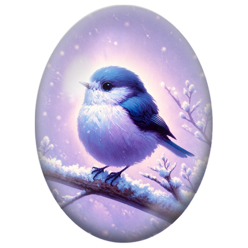 Cabochon en Verre Illustré Oiseau Bleu sur une Branche Violette 13x18, 18x25 ou 30x40mm