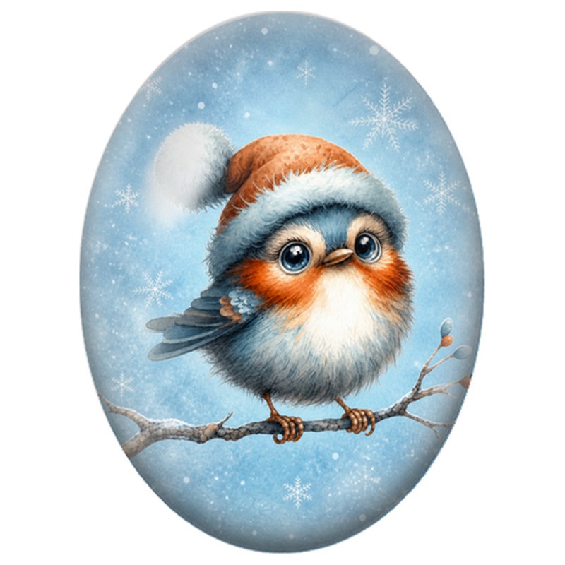 Cabochon en Verre Illustré Petit Oiseau Bleu au Bonnet Orange 13x18, 18x25 ou 30x40mm