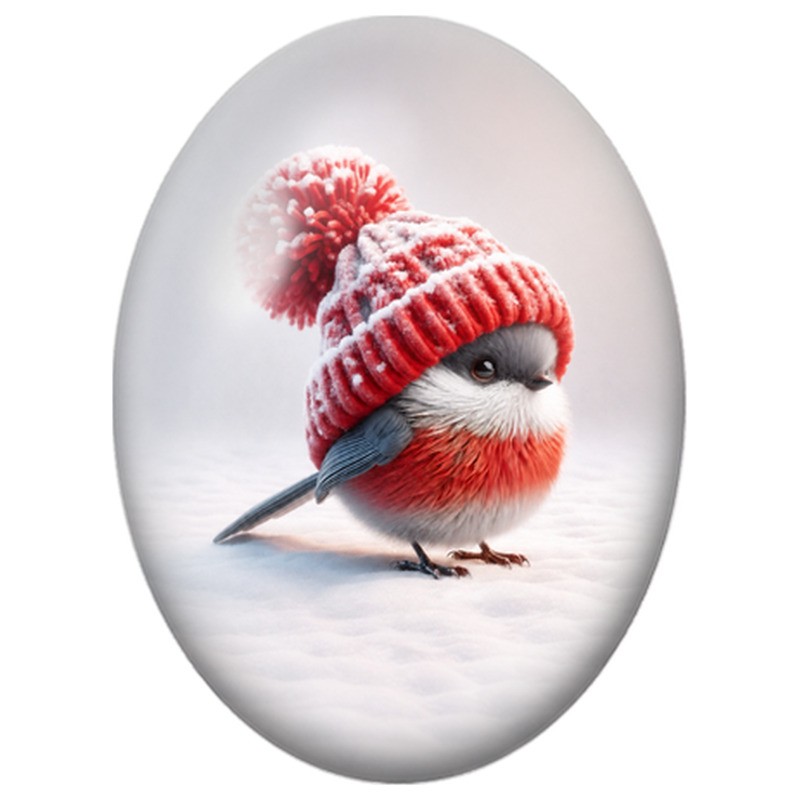 Cabochon en Verre Illustré Oiseau Rouge au Bonnet Tricoté 13x18, 18x25 ou 30x40mm