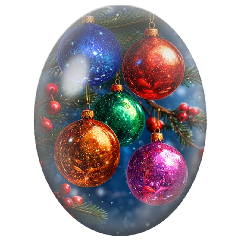 Cabochon en Verre Illustré Boules Rouges et Bleues dans le Sapin 13x18, 18x25 ou 30x40mm