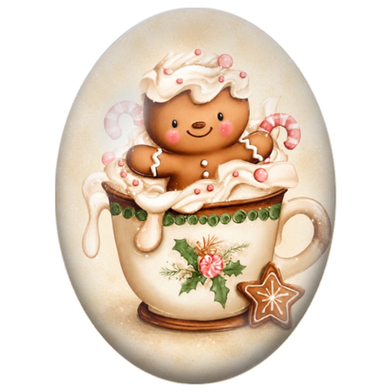 Cabochon en Verre Illustré Bonhomme en Pain d’Épices dans une Tasse 13x18, 18x25 ou 30x40mm