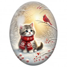 Cabochon en Verre Illustré Chaton et Cardinal dans la Neige 13x18, 18x25 ou 30x40mm pour la Création de Bijoux Fantaisie DIY