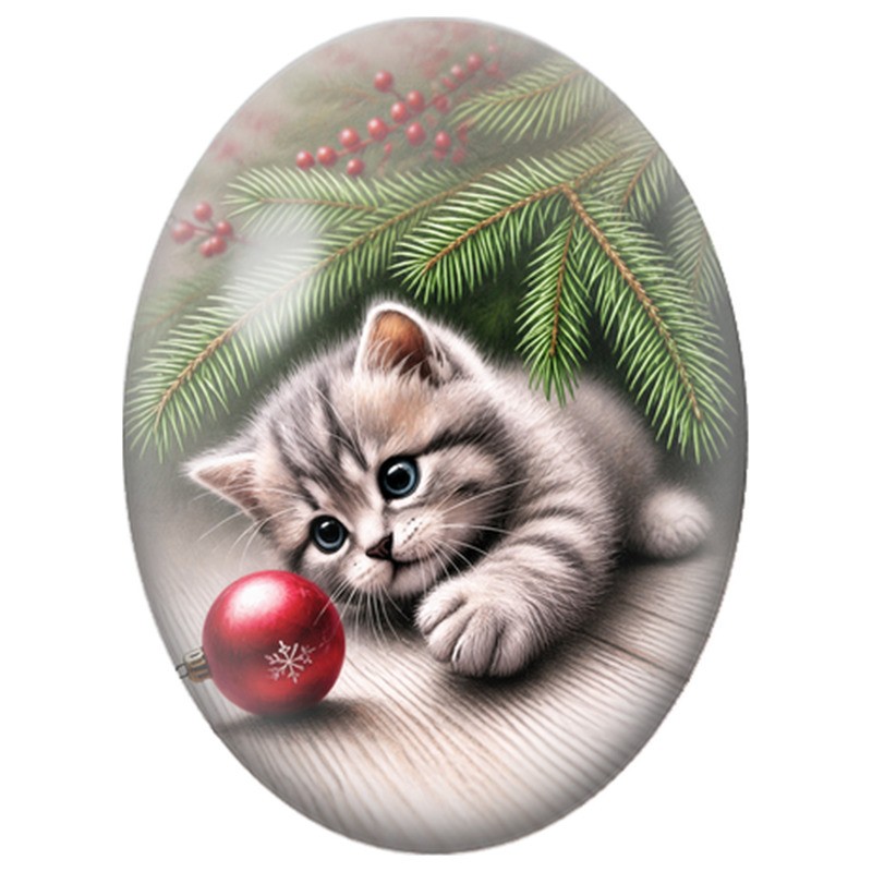Cabochon en Verre Illustré Chaton à la Boule de Noël Rouge 13x18, 18x25 ou 30x40mm