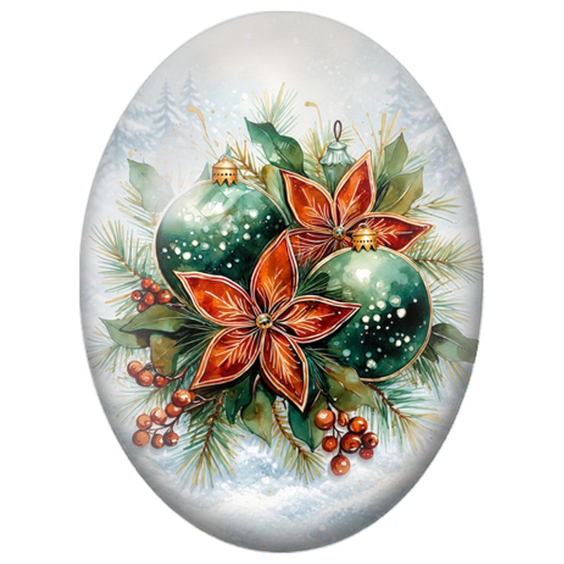 Cabochon en Verre Illustré Boules Vertes et Fleurs Rouges 13x18, 18x25 ou 30x40mm