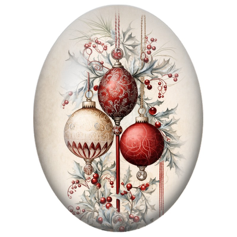 Cabochon en Verre Illustré Ornements Rouges et Blancs au Houx 13x18, 18x25 ou 30x40mm