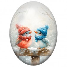 Cabochon en Verre Illustré Deux Oiseaux aux Bonnets sur un Rondin Enneigé 13x18, 18x25 ou 30x40mm pour la Création de Bijoux Fan