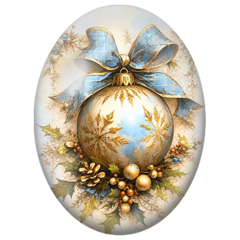 Cabochon en Verre Illustré Boule Blanche au Nœud Bleu 13x18, 18x25 ou 30x40mm