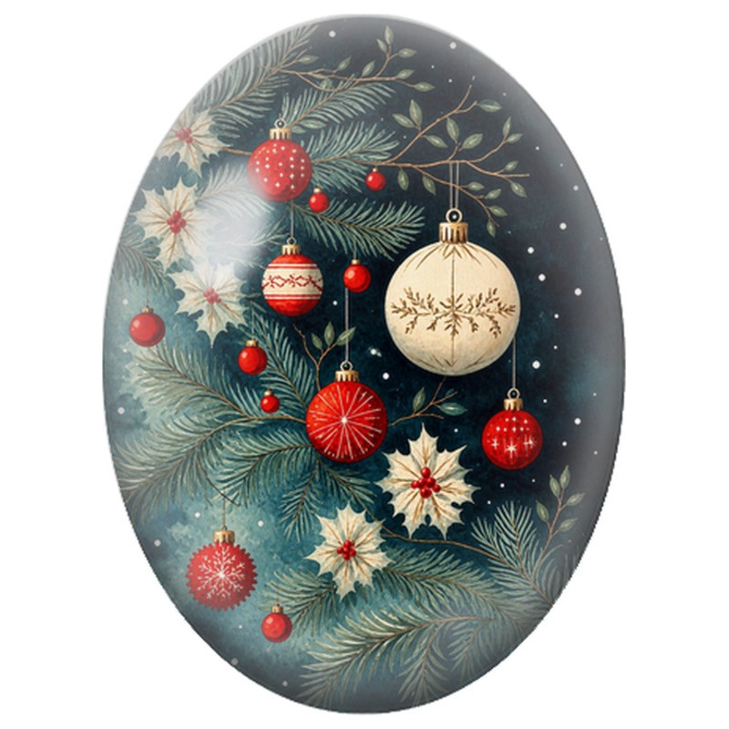 Cabochon en Verre Illustré Boules Rouges et Blanches au Houx 13x18, 18x25 ou 30x40mm
