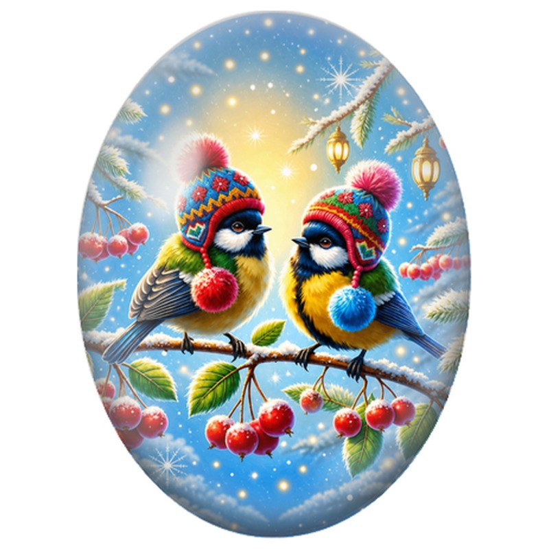 Cabochon en Verre Illustré Deux Oiseaux aux Bonnets Colorés 13x18, 18x25 ou 30x40mm