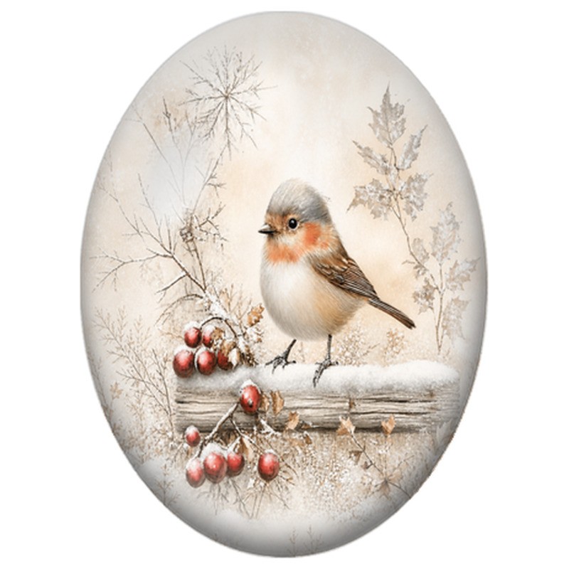 Cabochon en Verre Illustré Petit Oiseau sur une Branche aux Baies Rouges 13x18, 18x25 ou 30x40mm