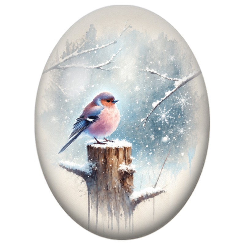 Cabochon en Verre Illustré Oiseau sur un Tronc dans la Neige 13x18, 18x25 ou 30x40mm