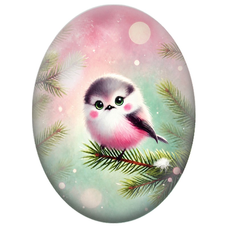 Cabochon en Verre Illustré Oiseau Rose parmi les Branches de Sapin 13x18, 18x25 ou 30x40mm