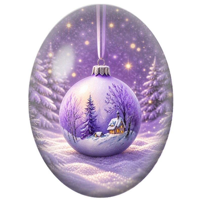 Cabochon en Verre Illustré Village Hivernal dans une Boule Violette 13x18, 18x25 ou 30x40mm