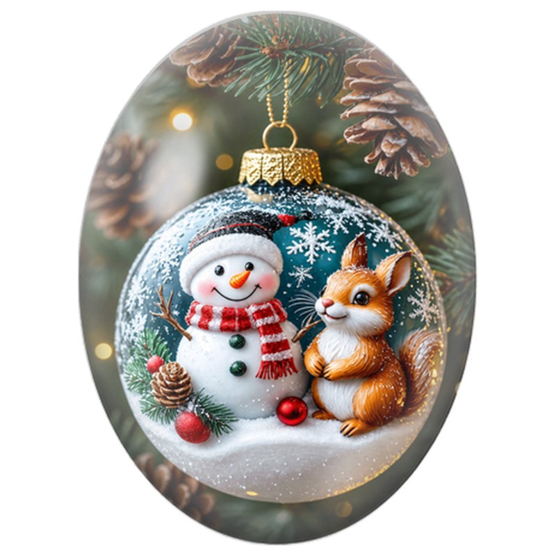 Cabochon en Verre Illustré Bonhomme de Neige et Renard dans une Boule Verte 13x18, 18x25 ou 30x40mm