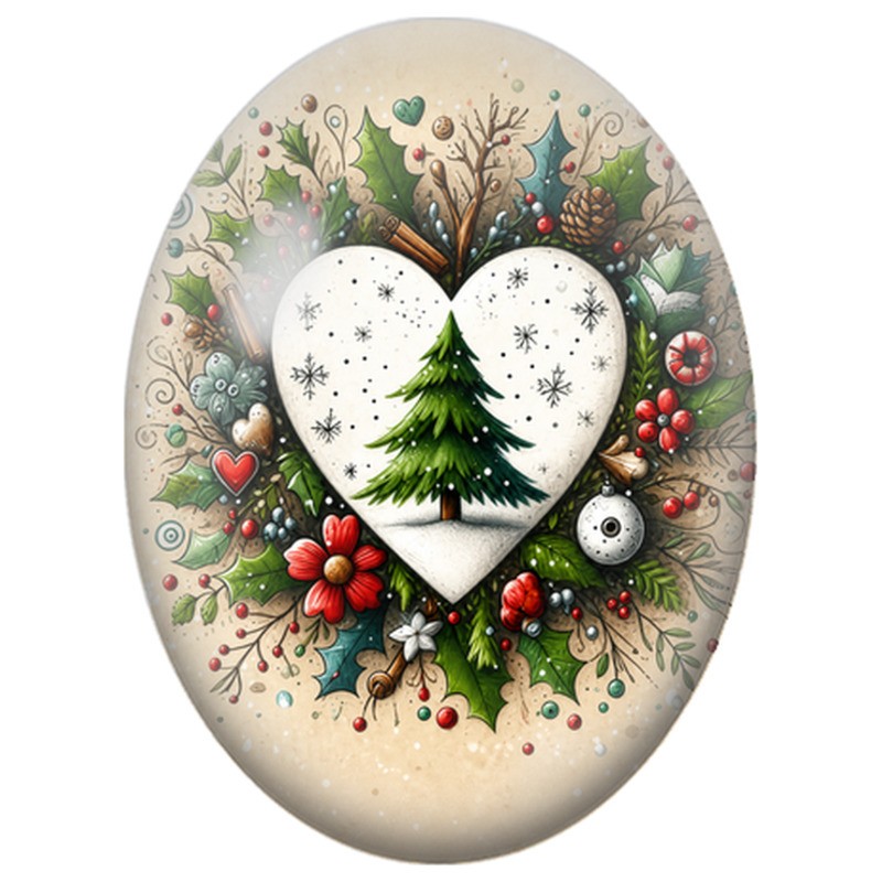 Cabochon en Verre Illustré Cœur Blanc et Sapin dans une Couronne 13x18, 18x25 ou 30x40mm