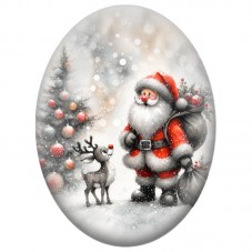 Cabochon en Verre Illustré Père Noël et Renne dans la Neige 13x18, 18x25 ou 30x40mm pour la Création de Bijoux Fantaisie DIY