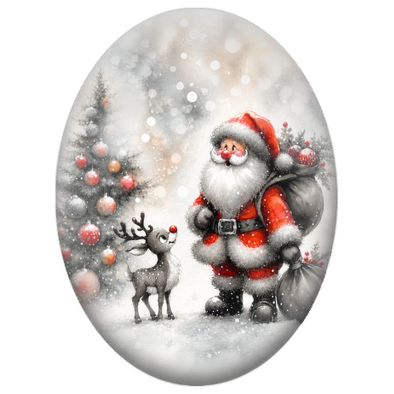 Cabochon en Verre Illustré Père Noël et Renne au Pied du Sapin 13x18, 18x25 ou 30x40mm