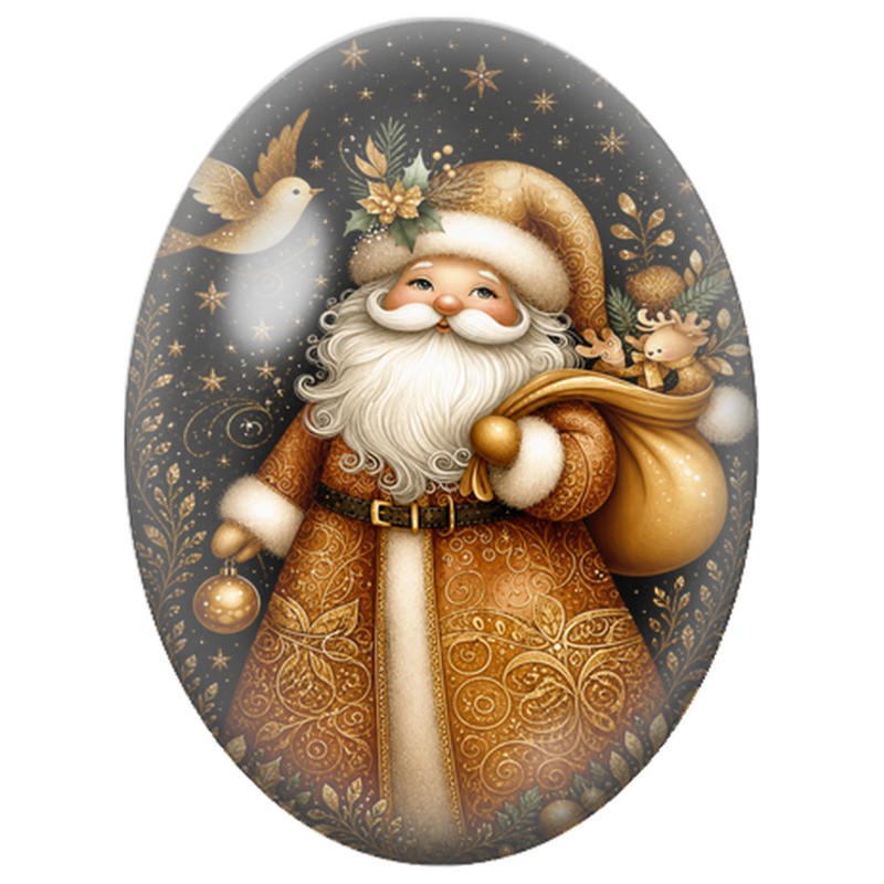 Cabochon en Verre Illustré Père Noël Doré avec sa Hotte 13x18, 18x25 ou 30x40mm
